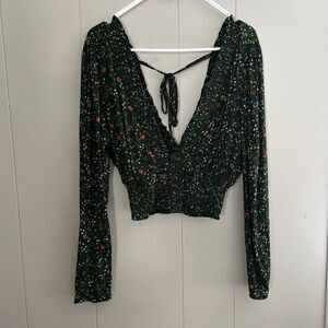 Windsor Floral Smocked Long Sleeve Crop Top | Deep V-Neck Open Back Tie | Size M